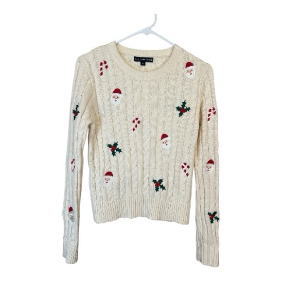 Kiel James Patrick Sweaters - Kiel James Patrick Cream Cable Knit Holiday Sweater with Santa & Holly